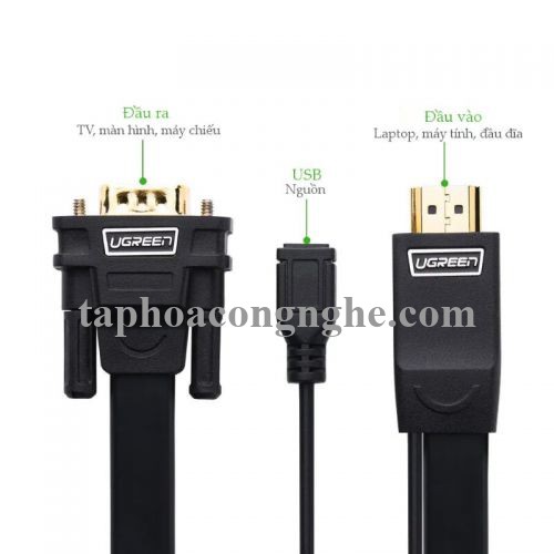 Ugreen 40232 3M màu Đen Cáp chuyển đỗi HDMI sang VGA kèm cổng trợ nguồn Micro USB MM101 30040232